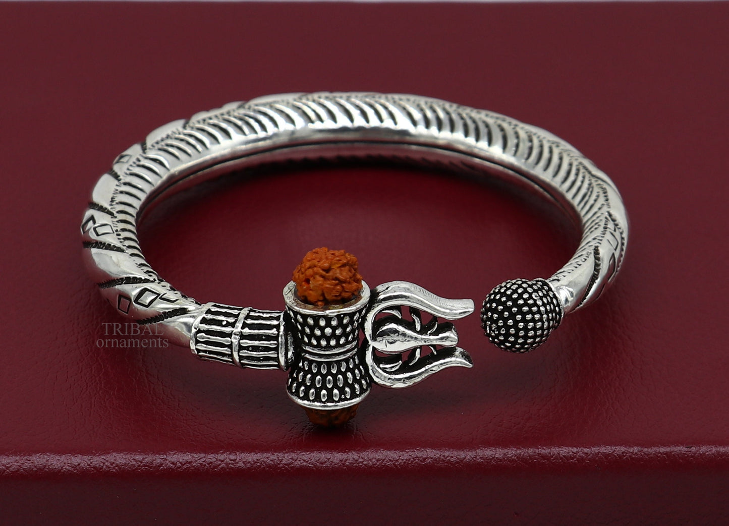 Bahubali kada 925 Sterling silver handmade Lord Shiva trident trishul bangle bracelet natural Rudraksha beads customized kada nsk447 - TRIBAL ORNAMENTS
