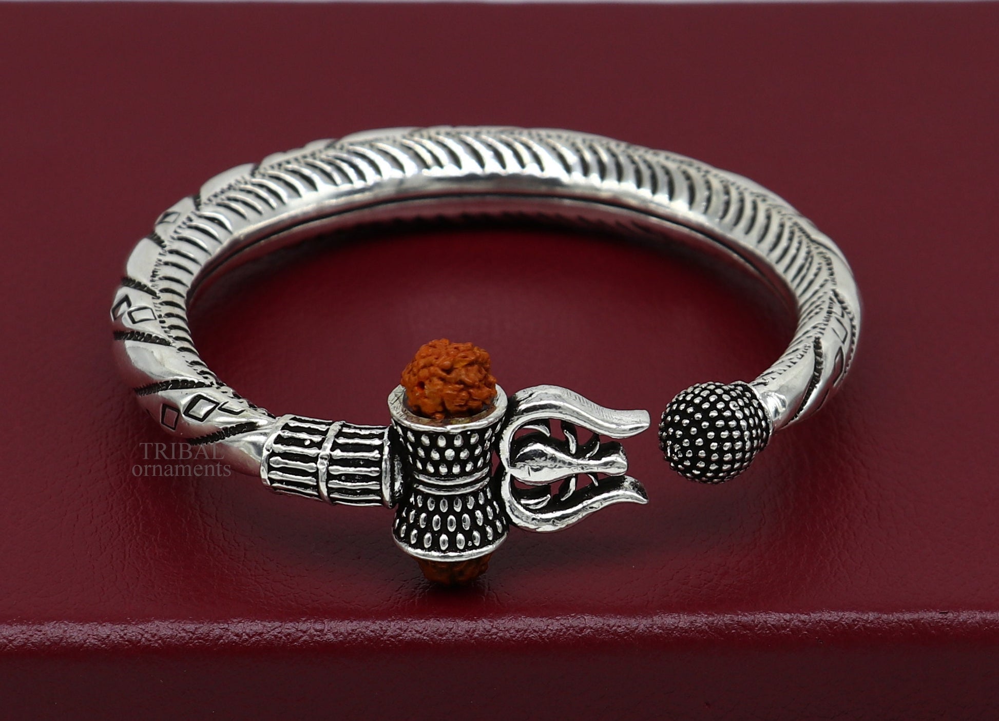 Bahubali kada 925 Sterling silver handmade Lord Shiva trident trishul bangle bracelet natural Rudraksha beads customized kada nsk447 - TRIBAL ORNAMENTS
