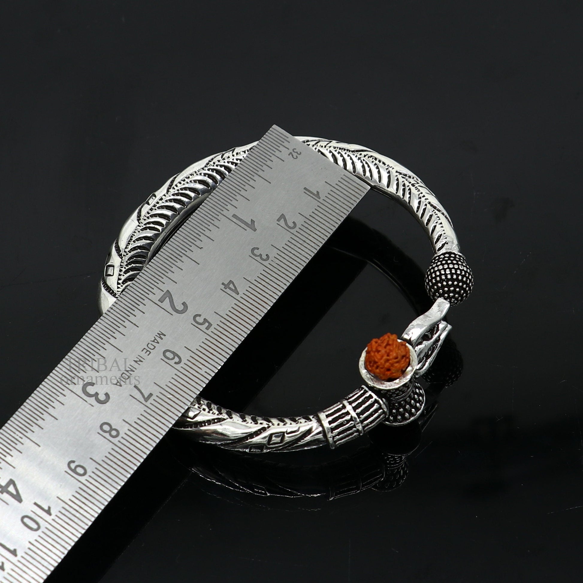 Bahubali kada 925 Sterling silver handmade Lord Shiva trident trishul bangle bracelet natural Rudraksha beads customized kada nsk447 - TRIBAL ORNAMENTS
