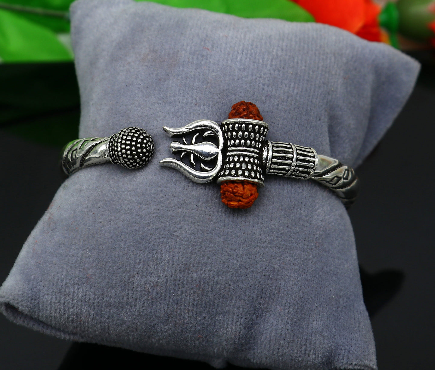 Bahubali kada 925 Sterling silver handmade Lord Shiva trident trishul bangle bracelet natural Rudraksha beads customized kada nsk447 - TRIBAL ORNAMENTS