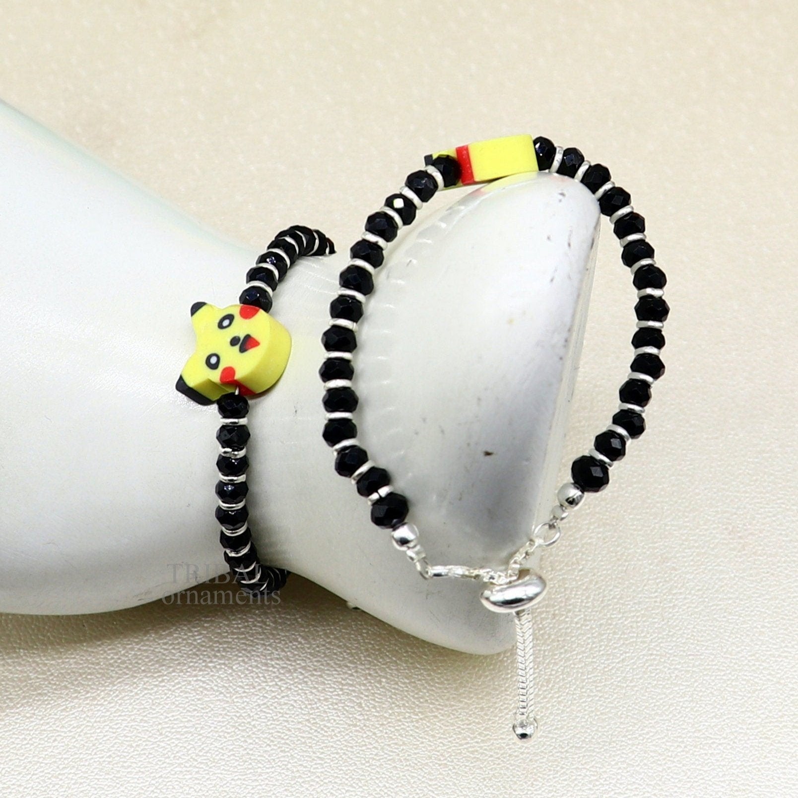 Best baby gift black beaded bangle bracelet or ankle bracelet 925 sterling silver handmade customized kids jewelry form india bbr35 - TRIBAL ORNAMENTS
