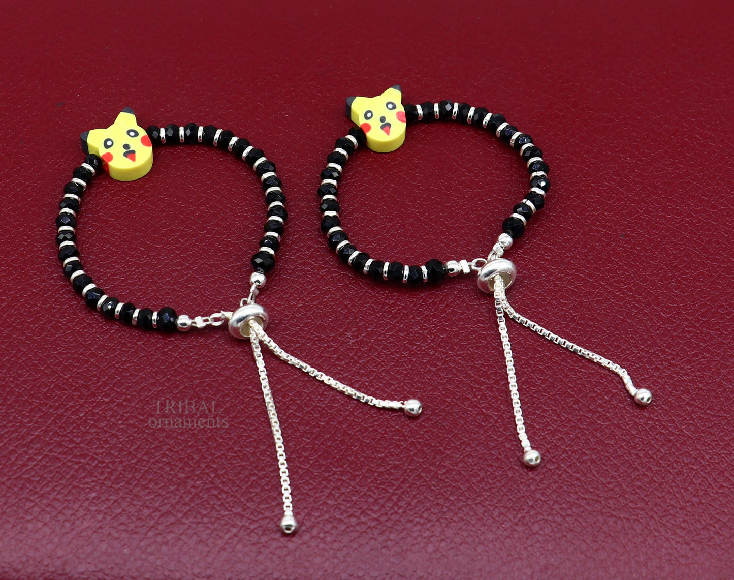 Best baby gift black beaded bangle bracelet or ankle bracelet 925 sterling silver handmade customized kids jewelry form india bbr35 - TRIBAL ORNAMENTS