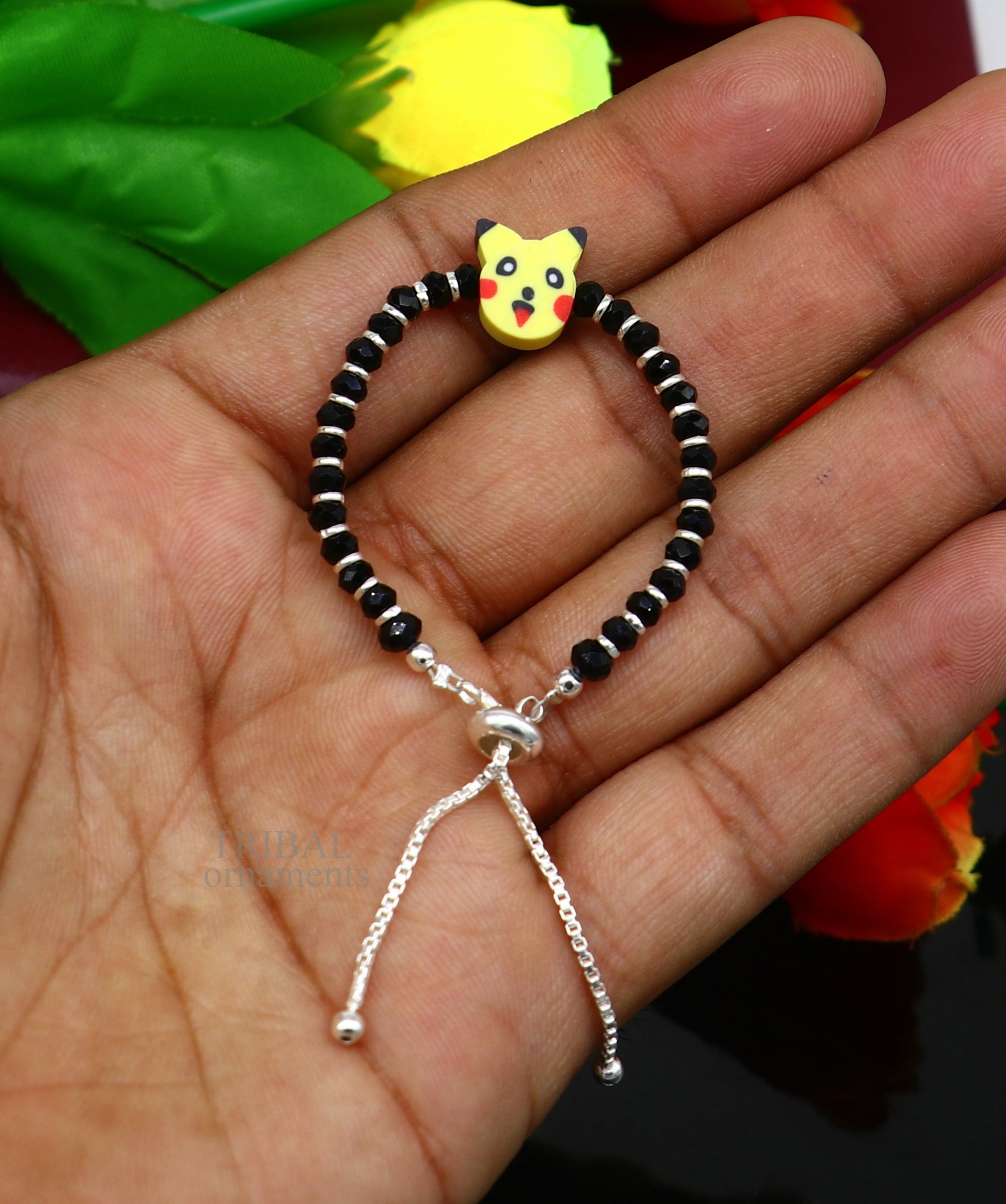 Best baby gift black beaded bangle bracelet or ankle bracelet 925 sterling silver handmade customized kids jewelry form india bbr35 - TRIBAL ORNAMENTS