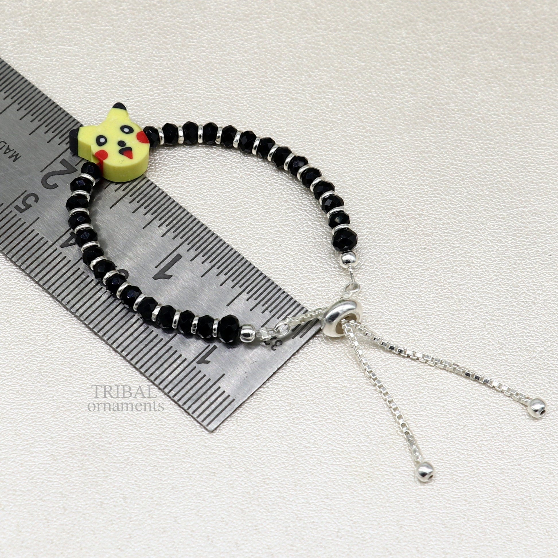 Best baby gift black beaded bangle bracelet or ankle bracelet 925 sterling silver handmade customized kids jewelry form india bbr35 - TRIBAL ORNAMENTS