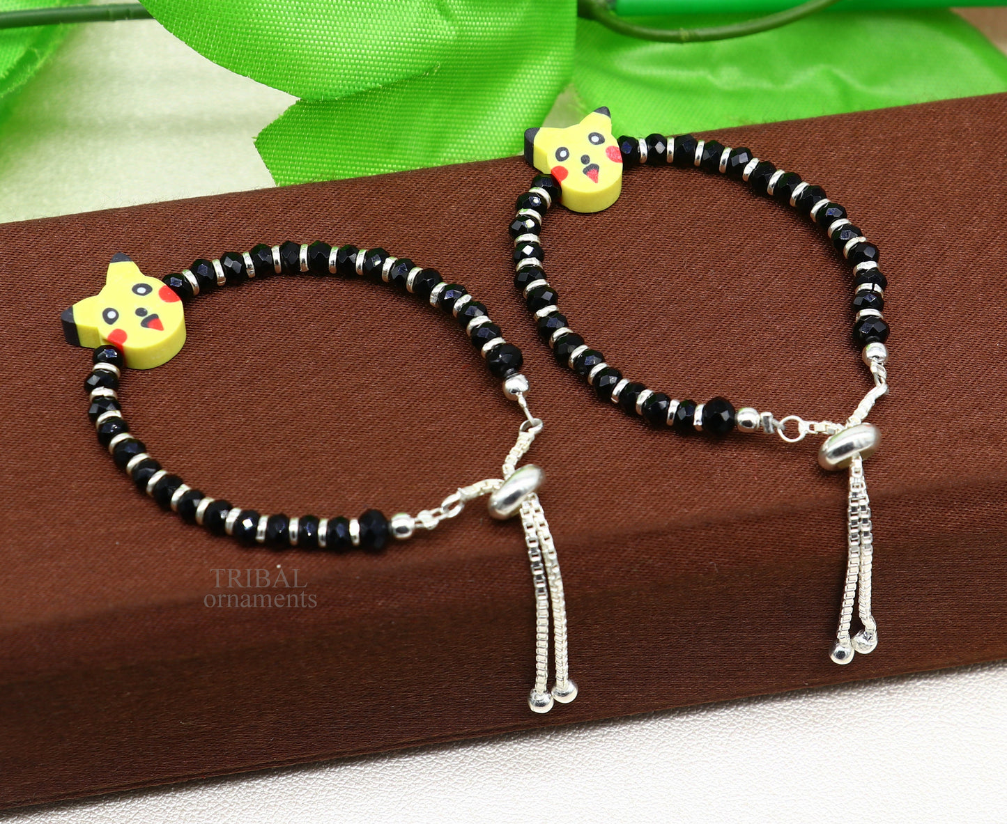 Best baby gift black beaded bangle bracelet or ankle bracelet 925 sterling silver handmade customized kids jewelry form india bbr35 - TRIBAL ORNAMENTS
