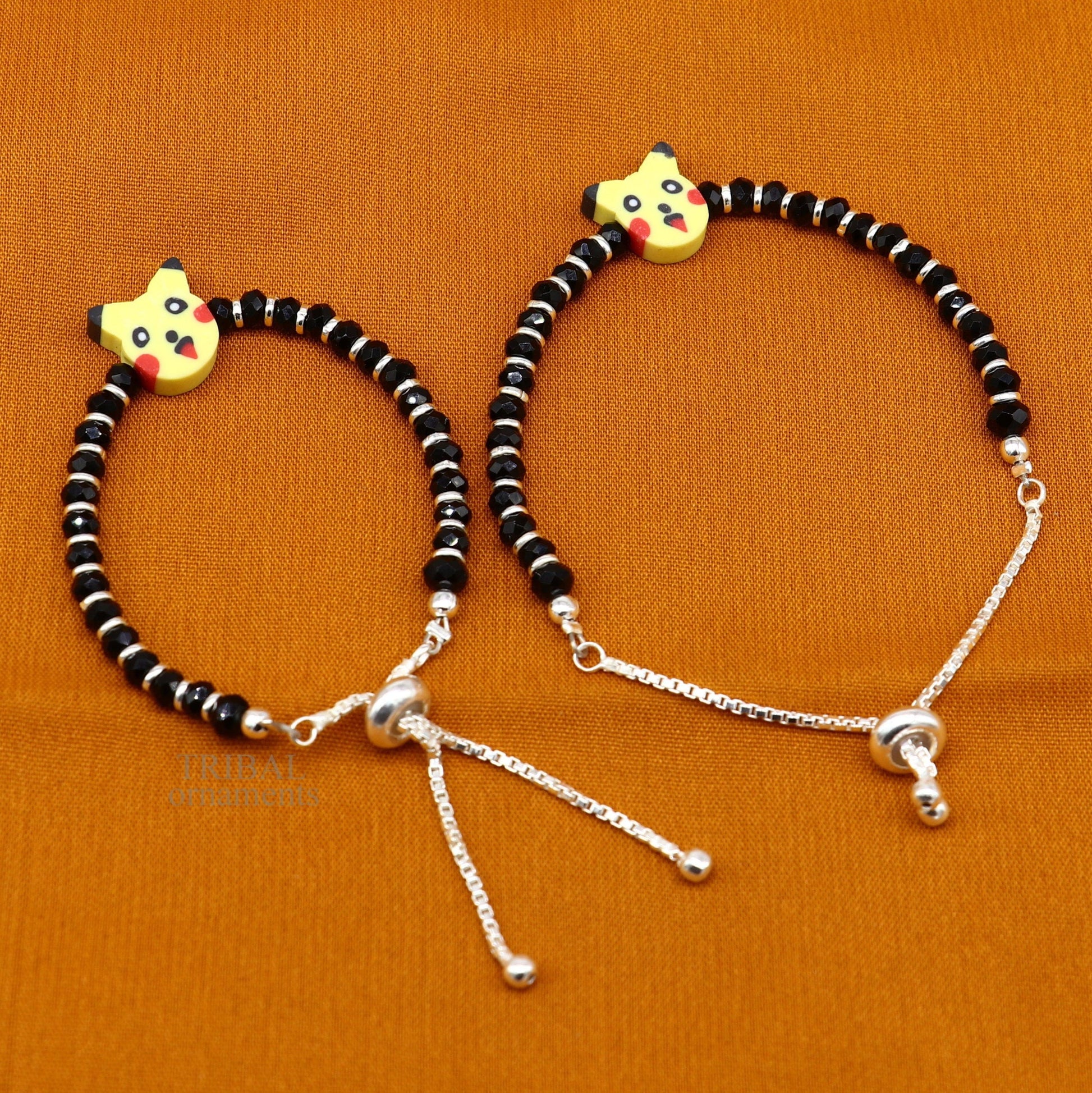 Best baby gift black beaded bangle bracelet or ankle bracelet 925 sterling silver handmade customized kids jewelry form india bbr35 - TRIBAL ORNAMENTS