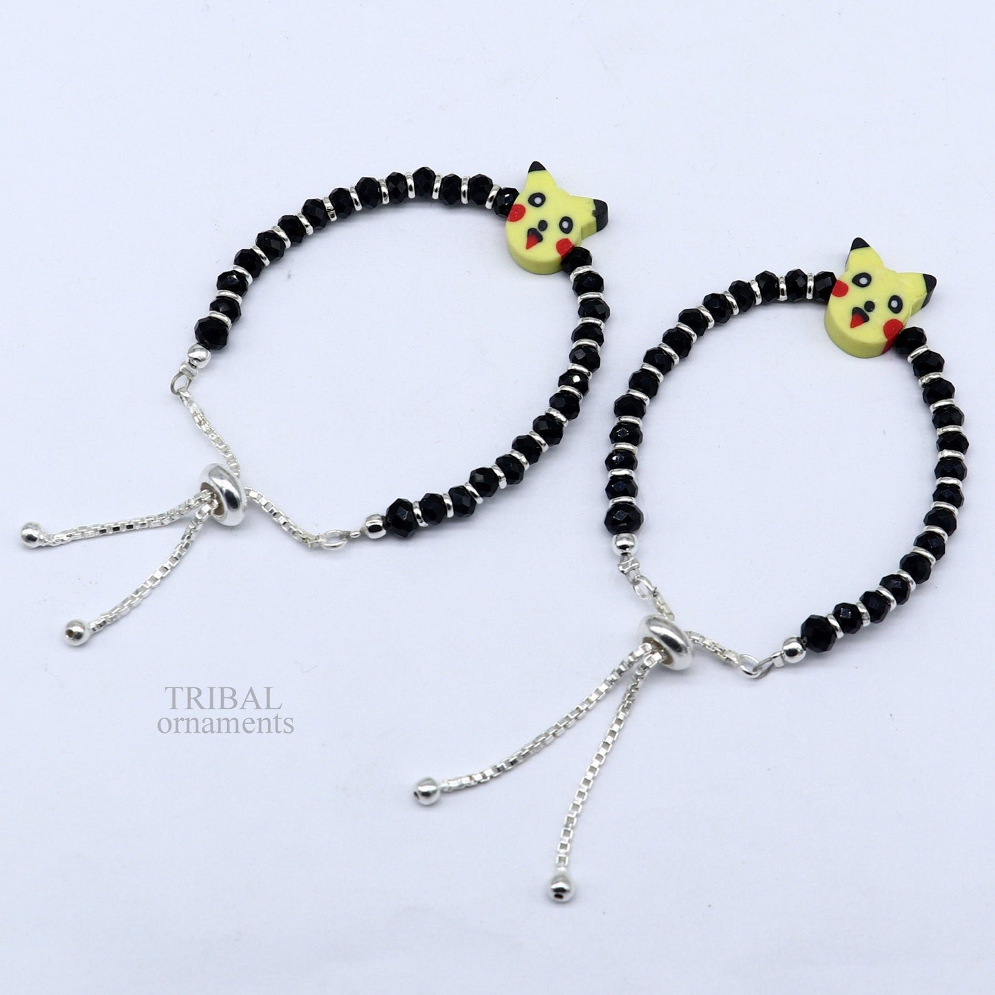 Best baby gift black beaded bangle bracelet or ankle bracelet 925 sterling silver handmade customized kids jewelry form india bbr35 - TRIBAL ORNAMENTS