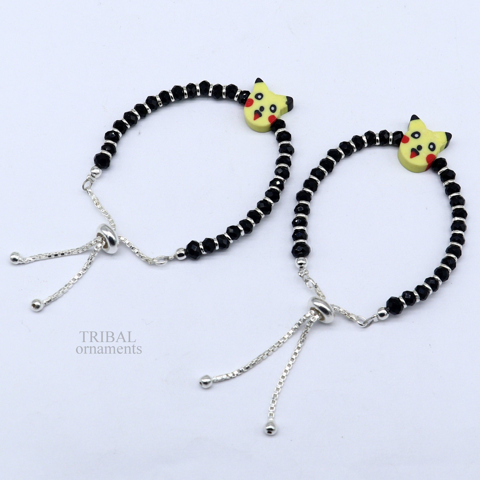 Best baby gift black beaded bangle bracelet or ankle bracelet 925 sterling silver handmade customized kids jewelry form india bbr35 - TRIBAL ORNAMENTS