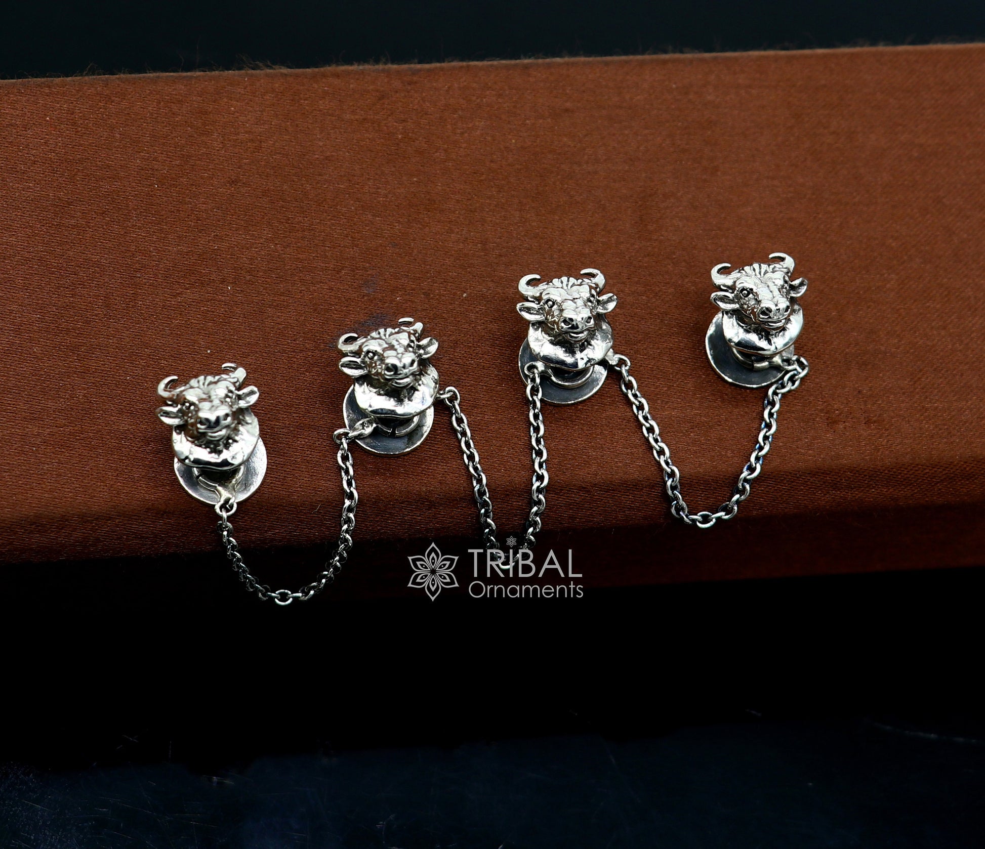 Bull head design 925 Sterling Silver set of 4 kurta Buttons for Fashion Perfection, silver cufflinks, cultural trendy jewelry btn38 - TRIBAL ORNAMENTS