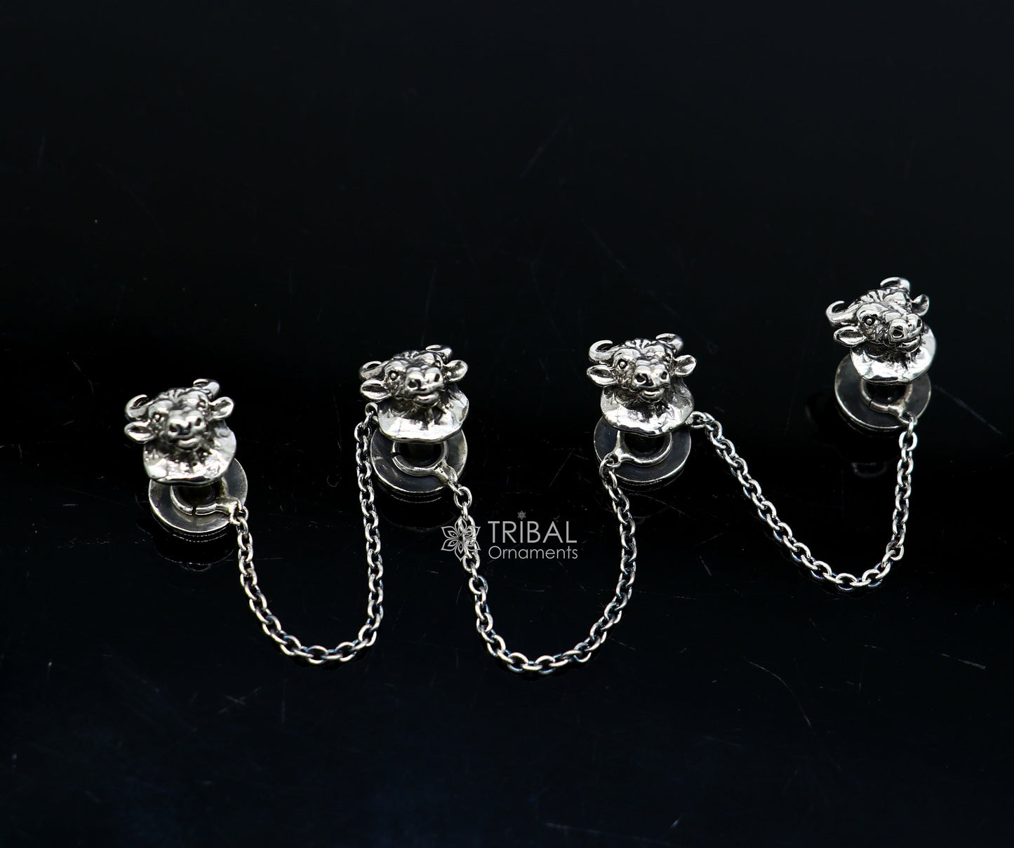 Bull head design 925 Sterling Silver set of 4 kurta Buttons for Fashion Perfection, silver cufflinks, cultural trendy jewelry btn38 - TRIBAL ORNAMENTS