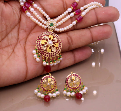 Certified 22kt yellow gold handcrafted necklace set with amazing hanging color beads ruby emerald pearl wedding party tribal jewelry india - TRIBAL ORNAMENTS