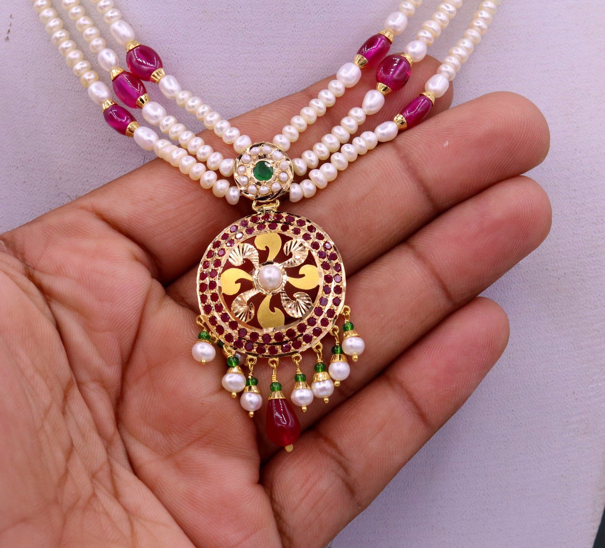 Certified 22kt yellow gold handcrafted necklace set with amazing hanging color beads ruby emerald pearl wedding party tribal jewelry india - TRIBAL ORNAMENTS