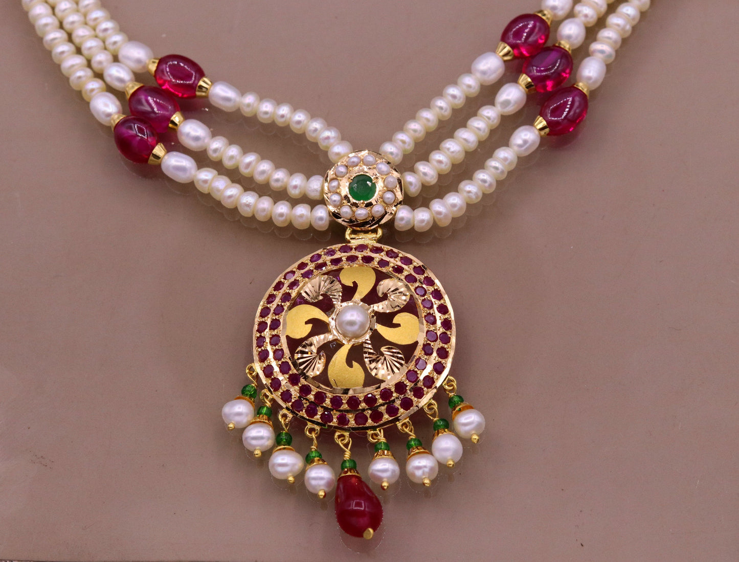 Certified 22kt yellow gold handcrafted necklace set with amazing hanging color beads ruby emerald pearl wedding party tribal jewelry india - TRIBAL ORNAMENTS