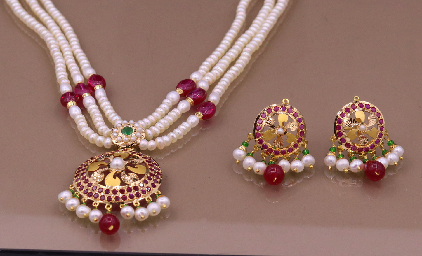 Certified 22kt yellow gold handcrafted necklace set with amazing hanging color beads ruby emerald pearl wedding party tribal jewelry india - TRIBAL ORNAMENTS