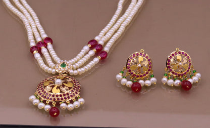 Certified 22kt yellow gold handcrafted necklace set with amazing hanging color beads ruby emerald pearl wedding party tribal jewelry india - TRIBAL ORNAMENTS