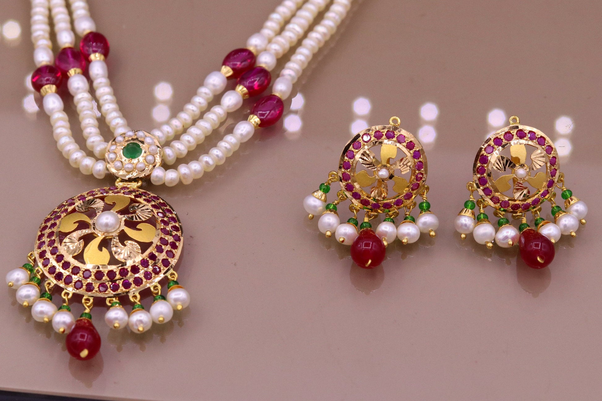 Certified 22kt yellow gold handcrafted necklace set with amazing hanging color beads ruby emerald pearl wedding party tribal jewelry india - TRIBAL ORNAMENTS