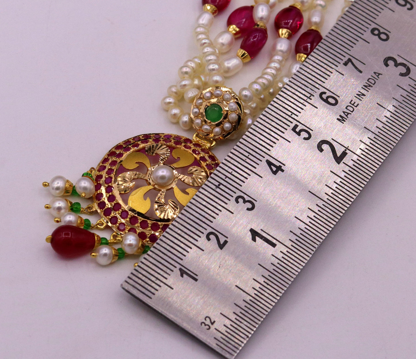 Certified 22kt yellow gold handcrafted necklace set with amazing hanging color beads ruby emerald pearl wedding party tribal jewelry india - TRIBAL ORNAMENTS