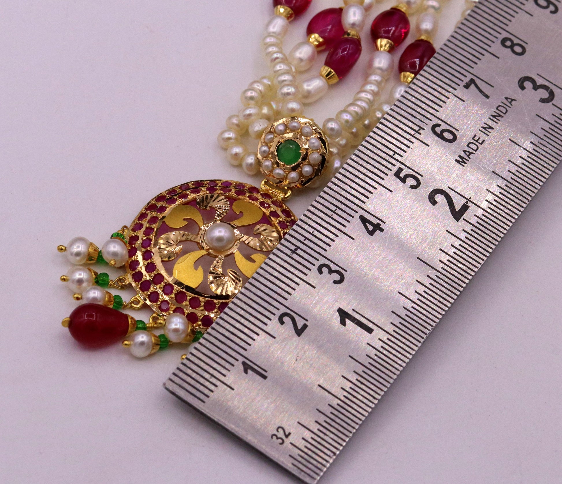 Certified 22kt yellow gold handcrafted necklace set with amazing hanging color beads ruby emerald pearl wedding party tribal jewelry india - TRIBAL ORNAMENTS