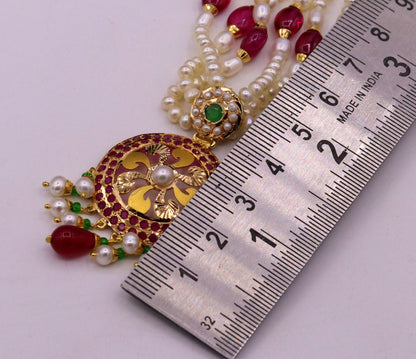 Certified 22kt yellow gold handcrafted necklace set with amazing hanging color beads ruby emerald pearl wedding party tribal jewelry india - TRIBAL ORNAMENTS