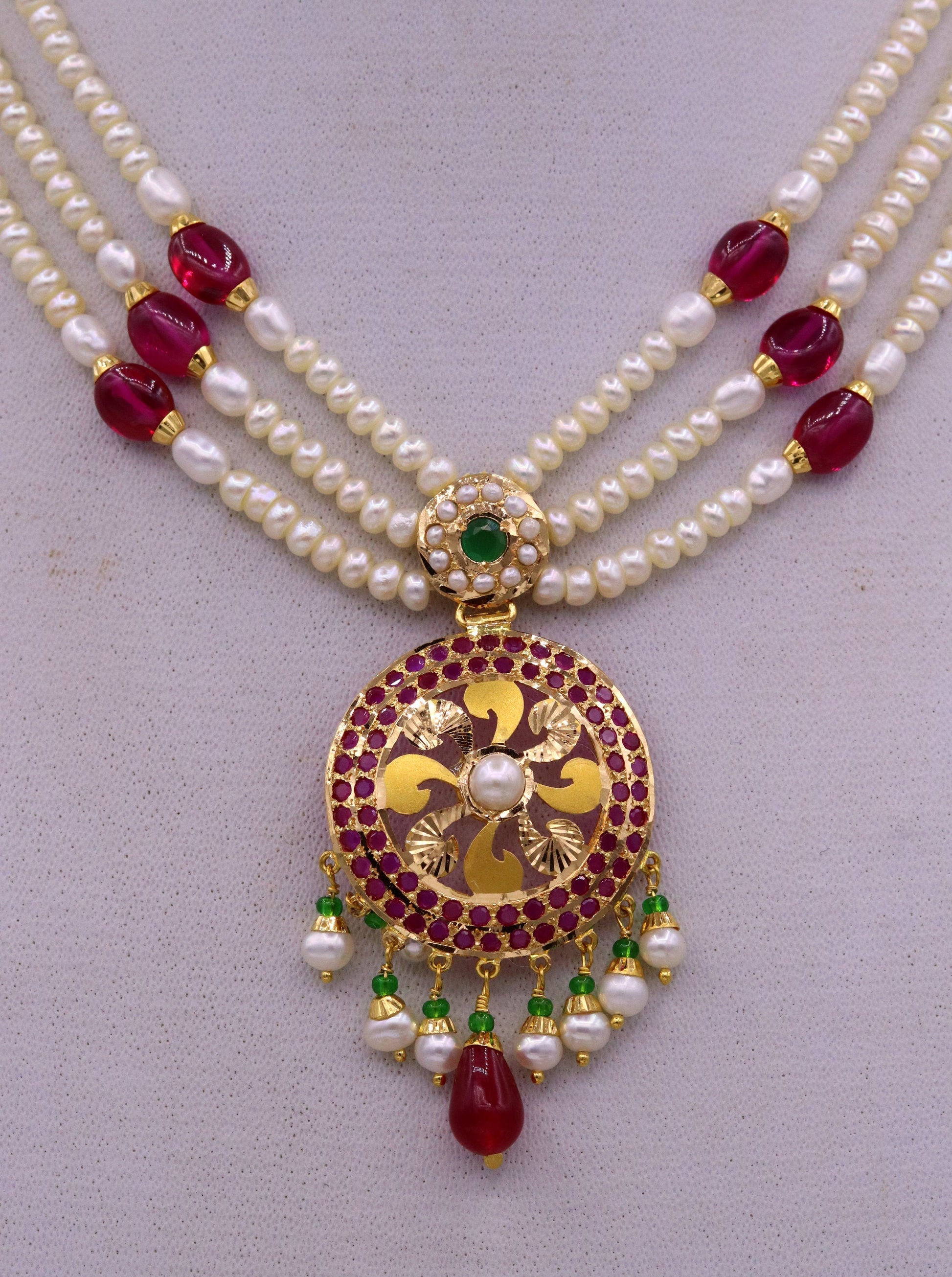 Certified 22kt yellow gold handcrafted necklace set with amazing hanging color beads ruby emerald pearl wedding party tribal jewelry india - TRIBAL ORNAMENTS