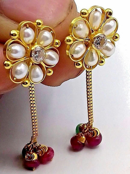 Certified 22Kt yellow gold handmade dangle earrings with beaded and box chain design, vintage style jewelry featuring colorful beads.