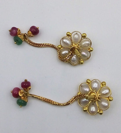 Certified 22Kt yellow gold handmade dangle earrings with antique beaded and box chain design, featuring colorful beads and vintage style.
