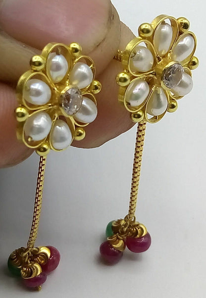 Handmade 22K yellow gold dangle earrings with beaded and box chain design, featuring antique style vintage jewelry details.