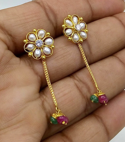 Handmade 22Kt yellow gold dangle earrings with beaded and box chain design, vintage style jewelry with colorful beads.