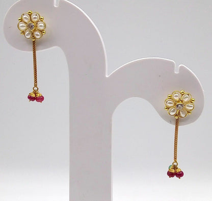 Handmade 22kt yellow gold dangle earrings with beaded and box chain design, vintage antique style jewelry with colorful beads.