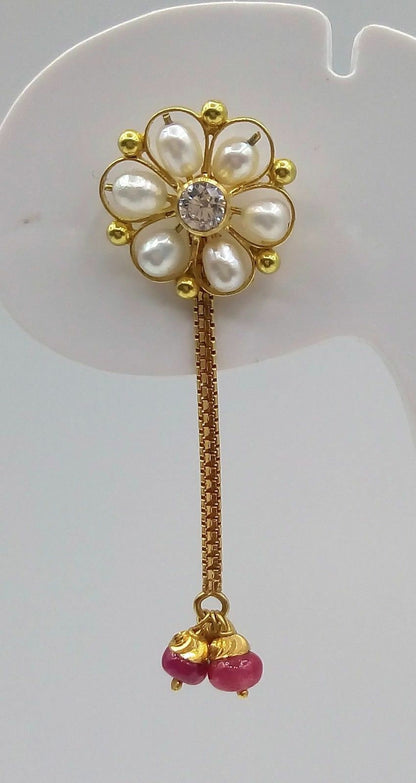 Handmade 22Kt yellow gold dangle earrings with beaded and box chain design, antique style jewelry featuring colorful beads.