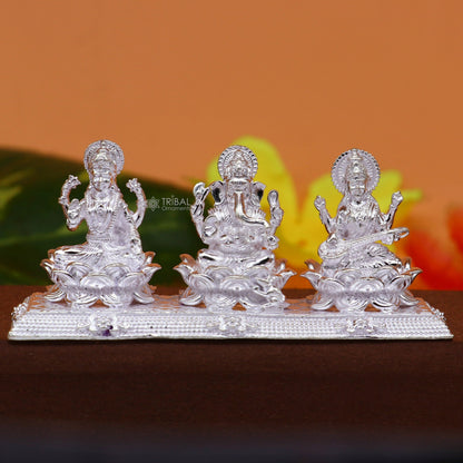 Combo Lakshmi Ganesha and Saraswati 925 Sterling silver puja article figurine statue, Diwali puja brings joy, hope, and wealth art725 - TRIBAL ORNAMENTS