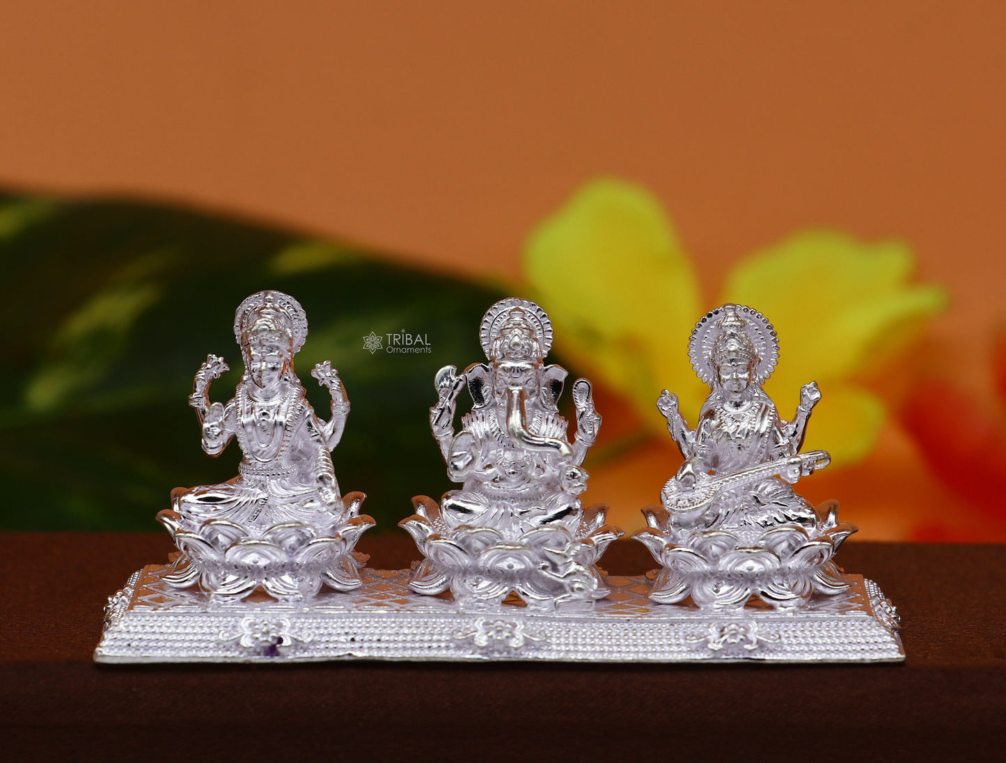 Combo Lakshmi Ganesha and Saraswati 925 Sterling silver puja article figurine statue, Diwali puja brings joy, hope, and wealth art725 - TRIBAL ORNAMENTS
