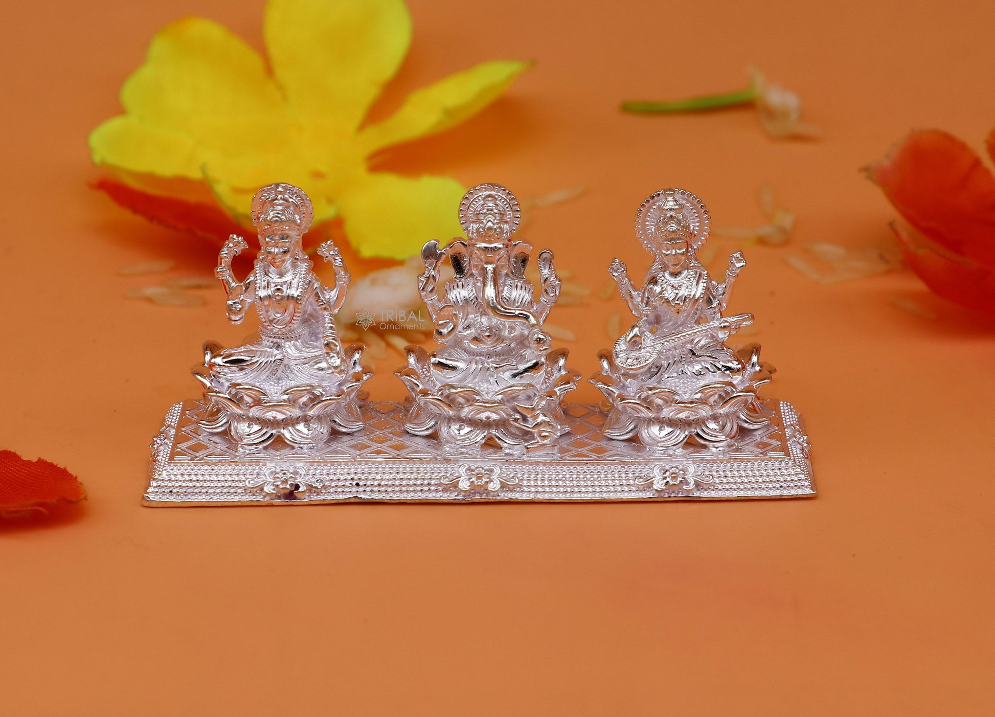 Combo Lakshmi Ganesha and Saraswati 925 Sterling silver puja article figurine statue, Diwali puja brings joy, hope, and wealth art725 - TRIBAL ORNAMENTS