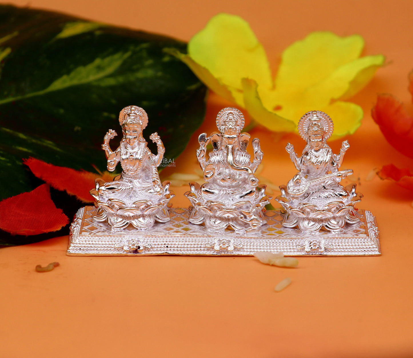 Combo Lakshmi Ganesha and Saraswati 925 Sterling silver puja article figurine statue, Diwali puja brings joy, hope, and wealth art725 - TRIBAL ORNAMENTS
