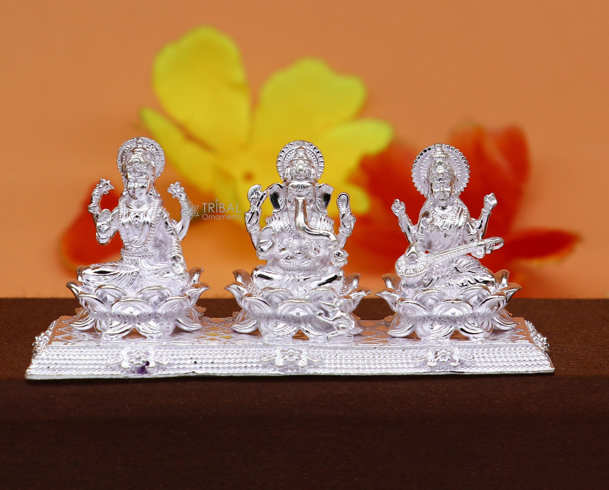 Combo Lakshmi Ganesha and Saraswati 925 Sterling silver puja article figurine statue, Diwali puja brings joy, hope, and wealth art725 - TRIBAL ORNAMENTS