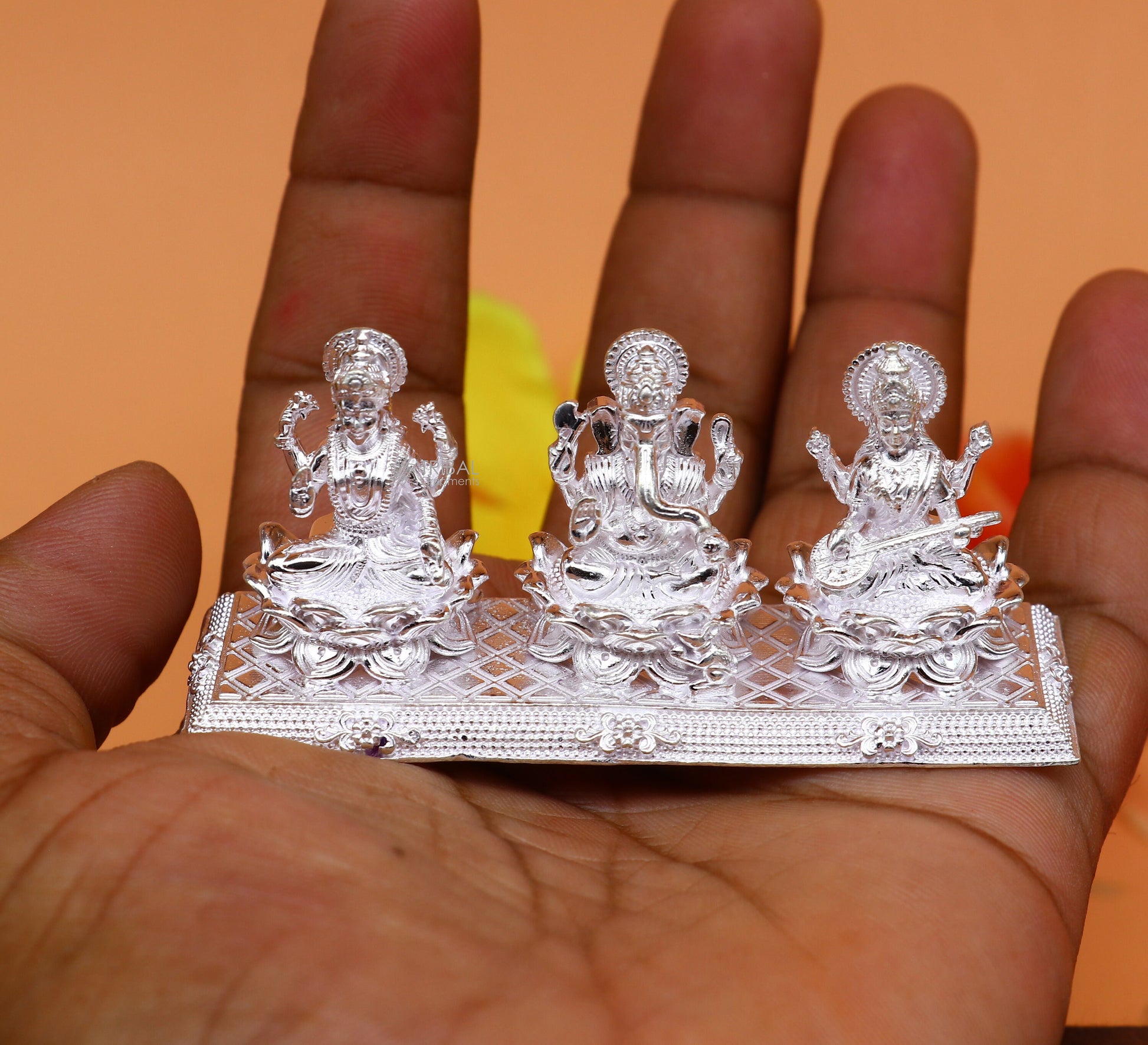 Combo Lakshmi Ganesha and Saraswati 925 Sterling silver puja article figurine statue, Diwali puja brings joy, hope, and wealth art725 - TRIBAL ORNAMENTS