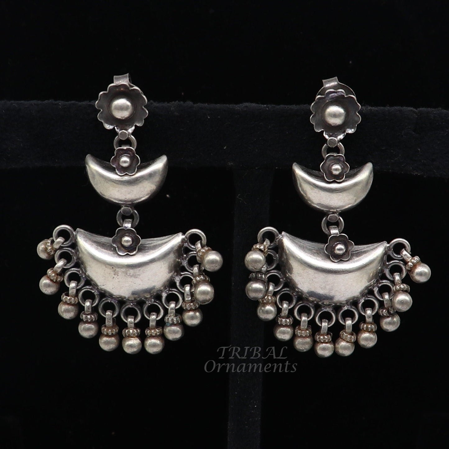Cultural silver earrings, fashionable and versatile floral silver 3 steps drop dangles ethnic pattern made by 925 sterling silver s1114 - TRIBAL ORNAMENTS