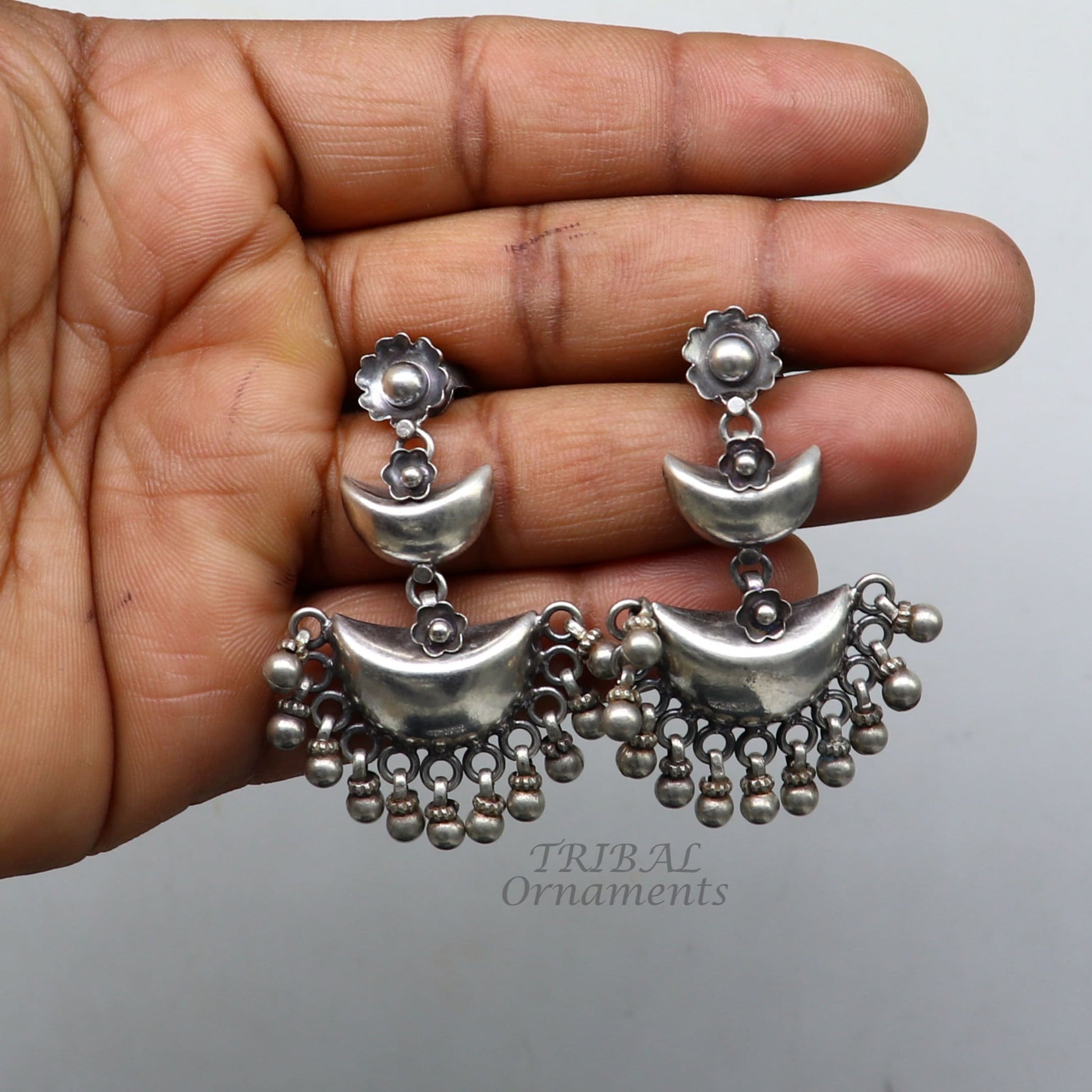 Cultural silver earrings, fashionable and versatile floral silver 3 steps drop dangles ethnic pattern made by 925 sterling silver s1114 - TRIBAL ORNAMENTS