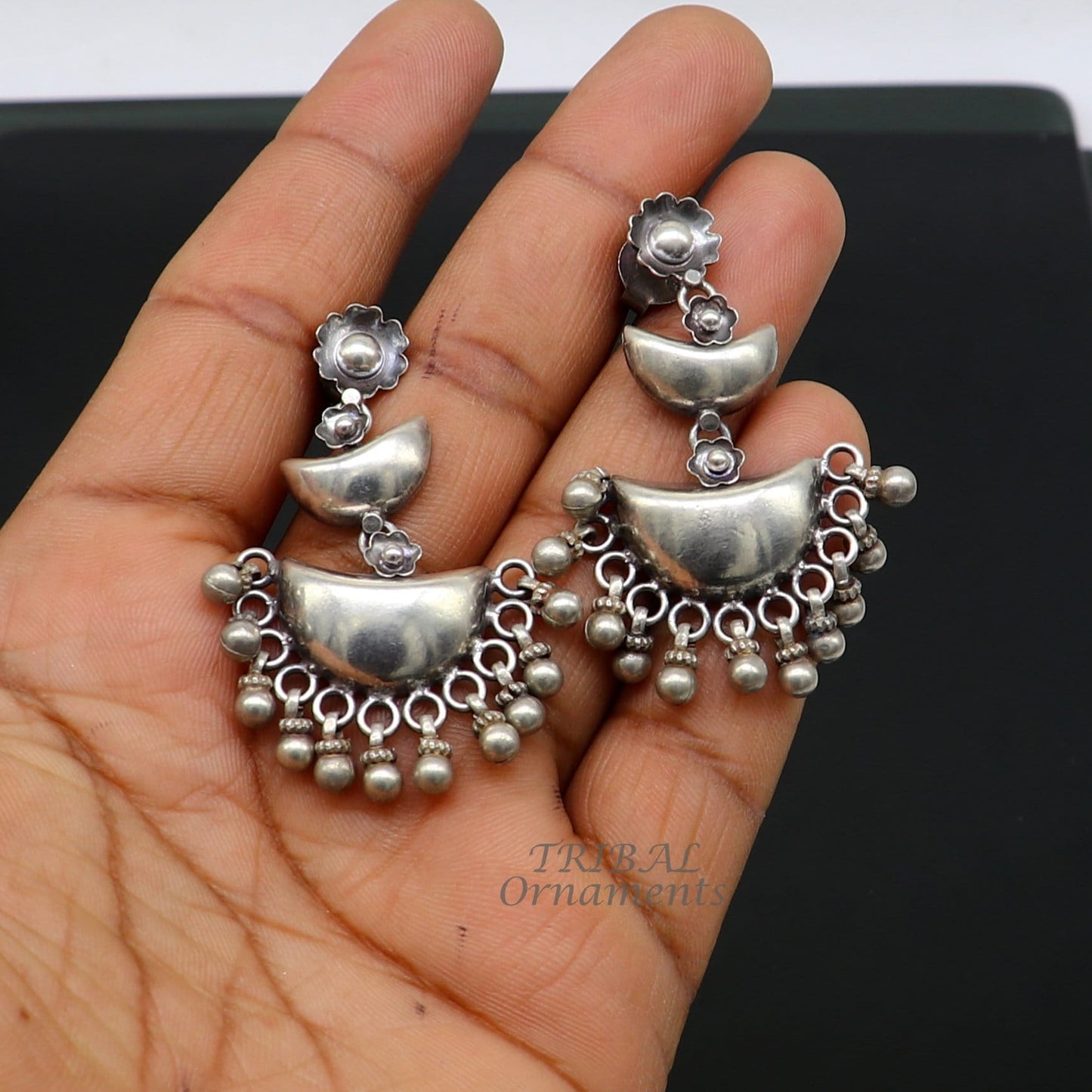 Cultural silver earrings, fashionable and versatile floral silver 3 steps drop dangles ethnic pattern made by 925 sterling silver s1114 - TRIBAL ORNAMENTS