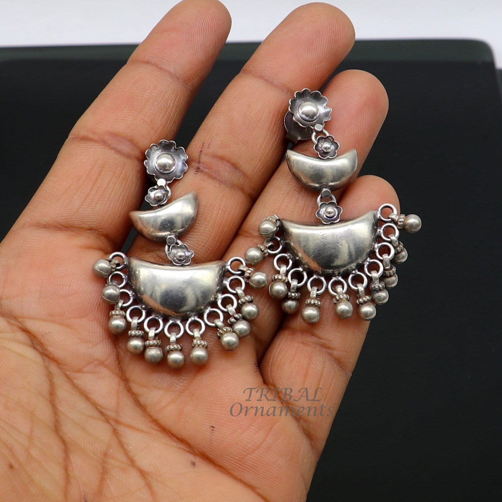 Cultural silver earrings, fashionable and versatile floral silver 3 steps drop dangles ethnic pattern made by 925 sterling silver s1114 - TRIBAL ORNAMENTS