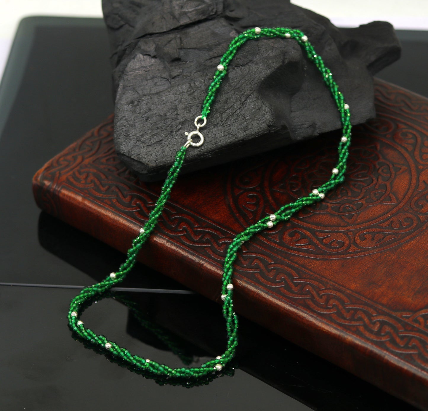 Custom Galaxy Necklace with randomly placed silver semi-precious green beads 925 pure silver galaxy necklace triple strands necklace set134 - TRIBAL ORNAMENTS