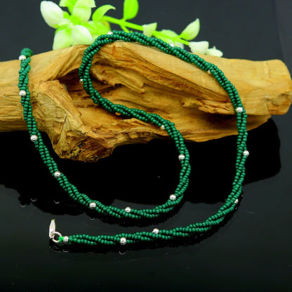 Custom made triple strand necklace with green semi-precious beads and silver accents, inspired by galaxy design by Tribal Ornaments