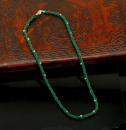Custom green beads necklace with triple strands, semi-precious stones, 925 silver beads, galaxy-inspired design by TRIBAL ORNAMENTS