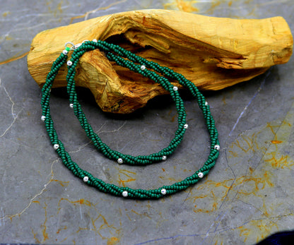 Custom made triple strand necklace with green semiprecious beads and silver beads, galaxy-inspired design by TRIBAL ORNAMENTS