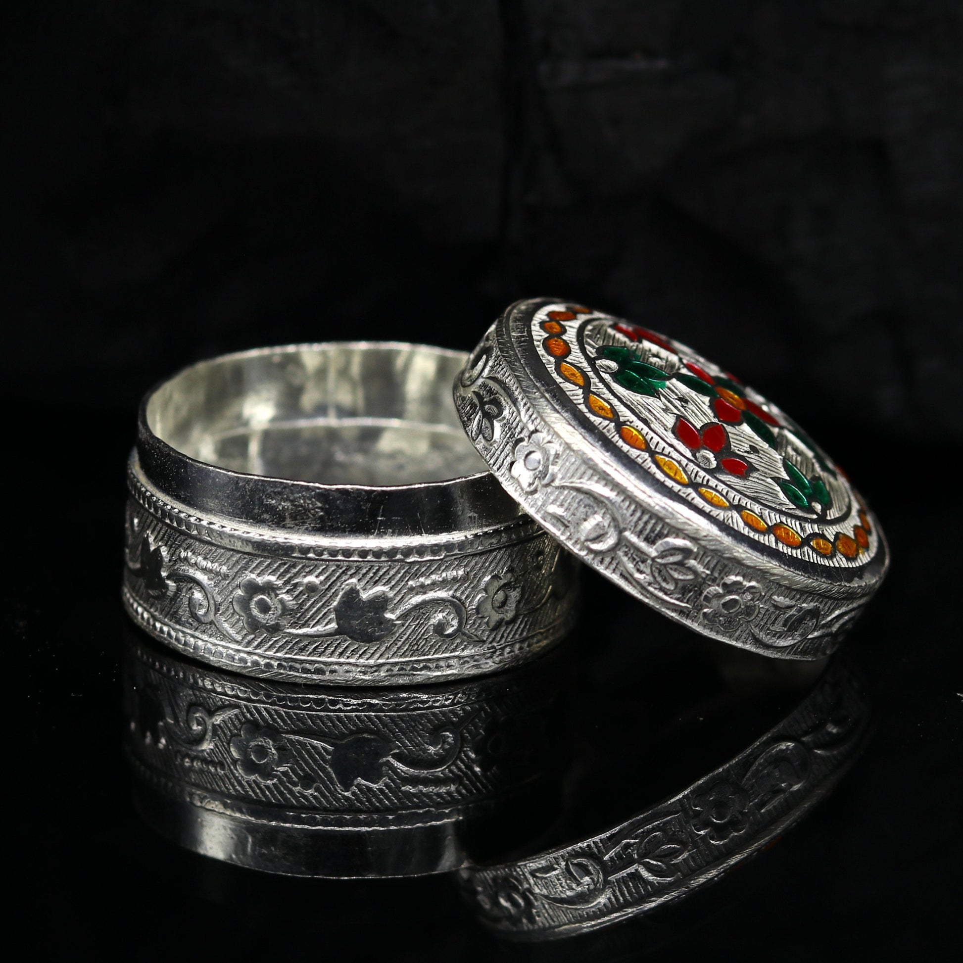 Customized flower work 925 sterling silver trinket box, container box, small jewelry box, Vermilion bridal box, gifting ring box stb58 - TRIBAL ORNAMENTS
