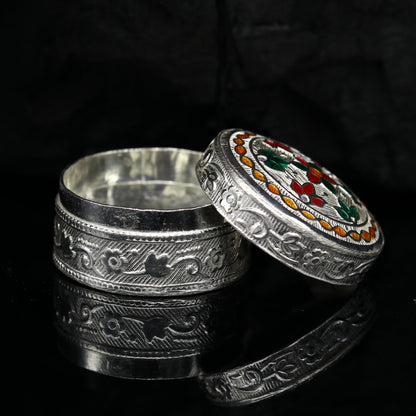 Customized flower work 925 sterling silver trinket box, container box, small jewelry box, Vermilion bridal box, gifting ring box stb58 - TRIBAL ORNAMENTS