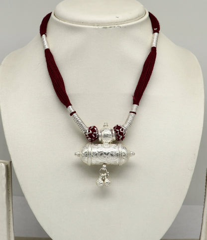 Customized Indian traditional design vintage solid silver charm necklace with tribal motifs, perfect for bridal wedding jewelry set.