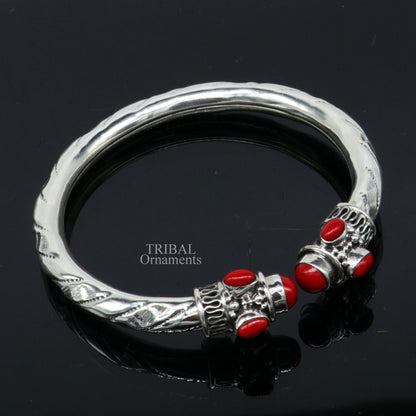 925 sterling silver bangle bracelet with red stones, antique tribal design, handmade jewelry, stylish wrist tribal ornament