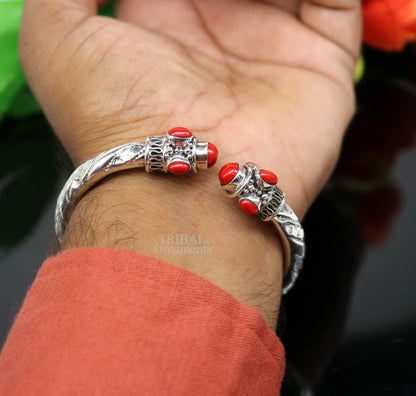 925 sterling silver bangle bracelet with red stone, antique tribal design, handmade tribal jewelry, stylish wrist jewelry.