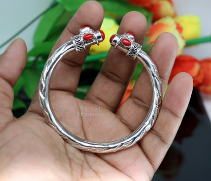 925 sterling silver bangle bracelet with red stone, antique tribal design, handmade jewelry, fabulous wrist tribal ornament.